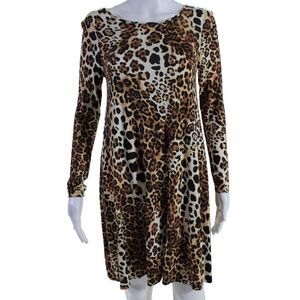 Elle Lauri Womens Pullover Long Sleeve Animal Print Dress Beige Size Medium